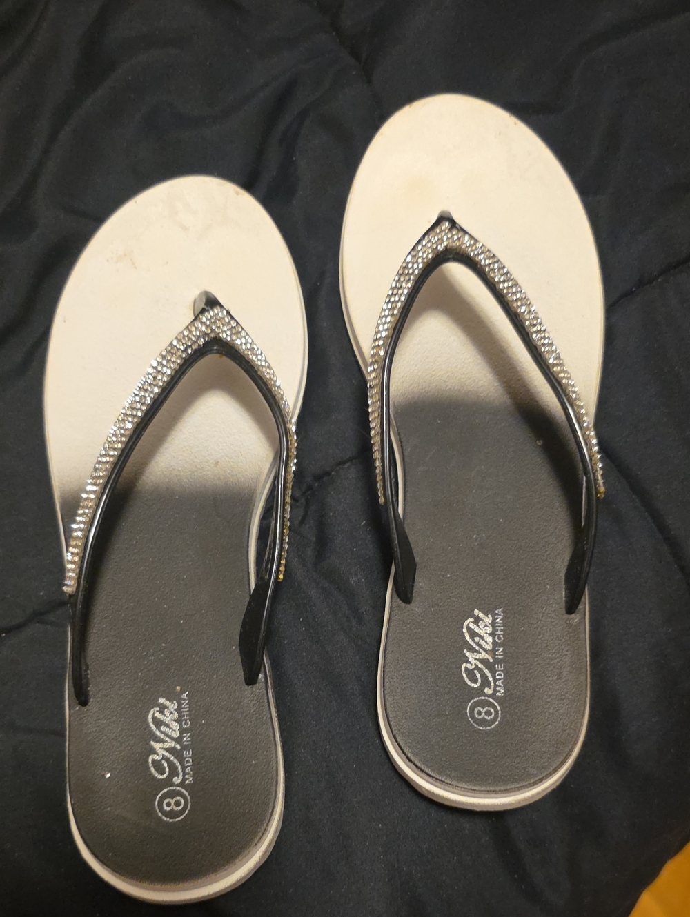 Embellished Black and Ivory Women's Flip Flop Sandals